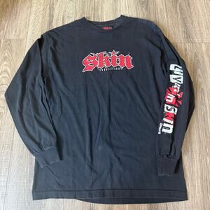 VTG 90s Skin Industries Spell Out Promo Grunge Long Sleeve Tee Shirt Sz M Y2K